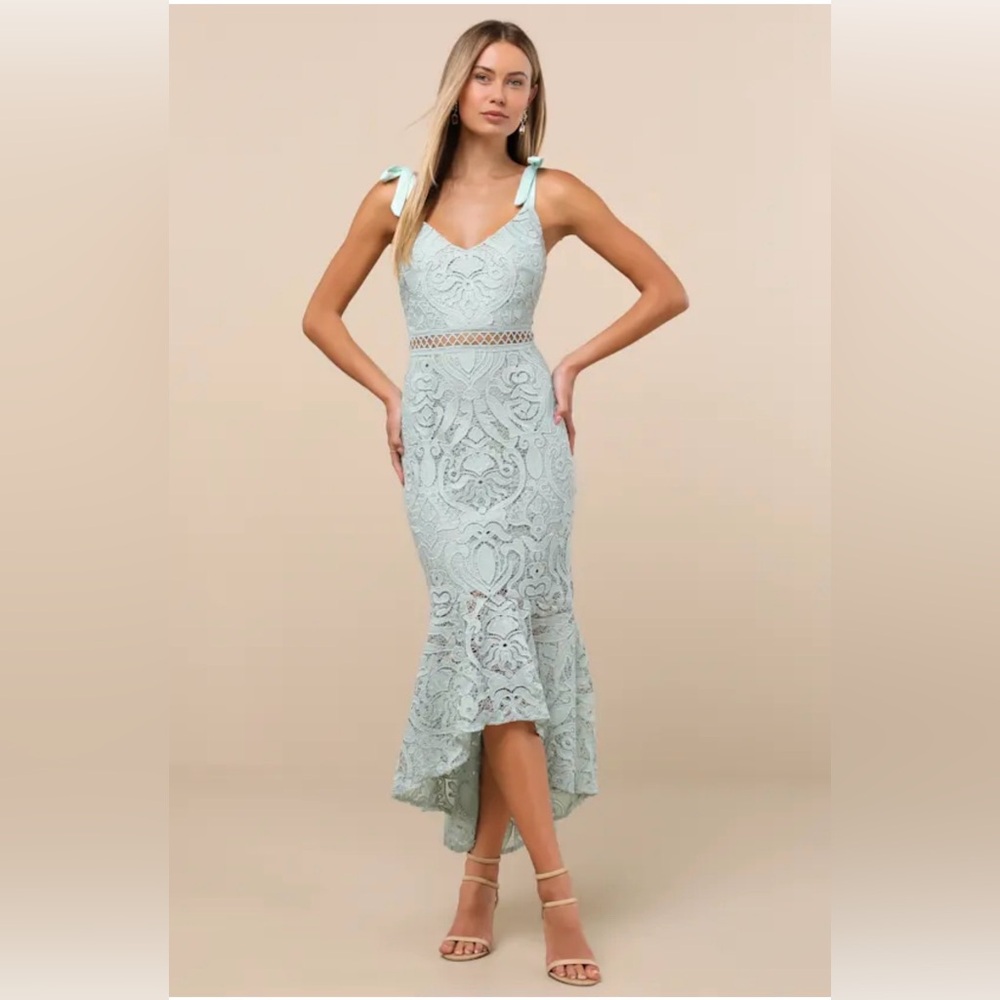 Lulu's Won Your Heart Sage Green Lace High-Low Dress